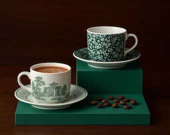Porcelain Espresso Cups and Saucers Set: Boho Coffee Cup, Macchiato Cup