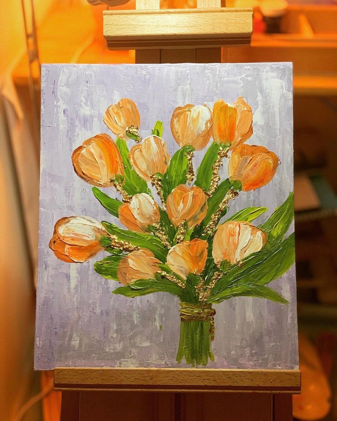 Acrylic Tulip Art Work With Gold Leave Foil, Floral Wall Art, Home ...
