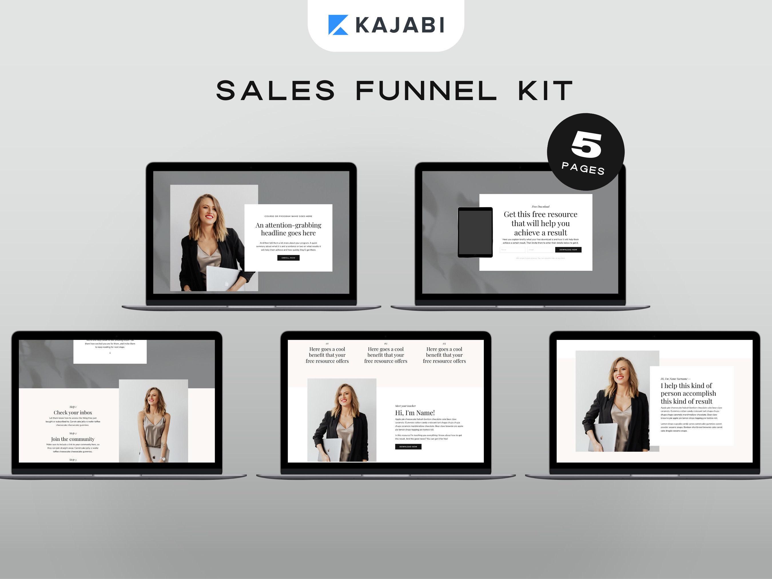 Kajabi Template Bundle | 5 Sales Funnel Templates for Coaches & Online Course Creators | Neutral Sales Page, Landing Page, Opt-In Page