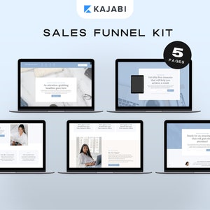 May include: A mockup of a five-page sales funnel kit for a business. The kit includes a landing page, a lead magnet page, a sales page, an order page, and a thank you page. The kit is designed to help businesses convert leads into customers.