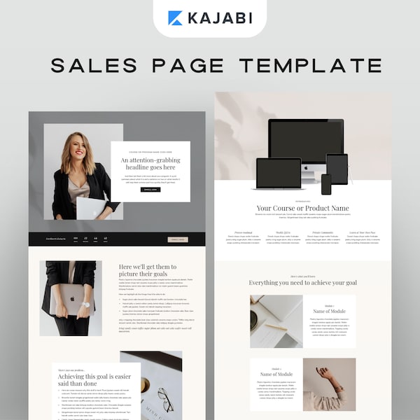 Kajabi Sales Page Template for Coaches, Online Course Creators & Entreprenerus | Neutral Landing Page | Launch Sales Funnel Template