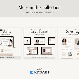 May include: A mockup of a website, sales funnel, and sales page designed for Kajabi. The website has a 9-page theme and a custom pop-up. The sales funnel has 5 templates. The sales page is part of the Linen Collection.