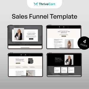 May include: A digital marketing sales funnel template displayed on four tablet screens. Each screen shows a different page layout with text and images. The title "Sales Funnel Template" is at the top.