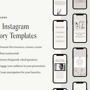 May include: A collection of 45 Instagram story templates designed to promote free resources, courses, events, share testimonials, answer frequently asked questions, engage your audience in promotions, and create anticipation for launches. The templates feature a minimalist aesthetic with a neutral colour palette.
