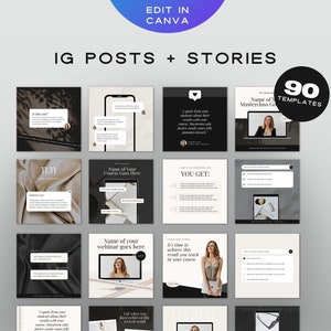 Puede incluir: Un collage de 12 plantillas de publicaciones e historias de Instagram para marketing en redes sociales. Las plantillas presentan un esquema de color blanco y negro con acentos dorados. El texto en las plantillas incluye "IG Posts + Stories", "90 Templates", "Name of Masterclass Goes Here", "Name of Your Course Goes Here", "You Get:", "Name of your webinar goes here", y "It's time to achieve this result you teach in your course".