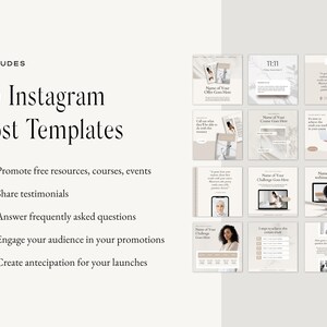May include: A set of 45 Instagram post templates for promoting free resources, courses, events, sharing testimonials, answering frequently asked questions, engaging your audience in promotions, and creating anticipation for launches. The templates feature a minimalist aesthetic with a beige background and subtle marble textures.