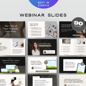 Könnte beinhalten: Eine digitale Präsentationsvorlage mit dem Text "WEBINAR SLIDES" und "EDIT IN CANVA". Die Folien enthalten Platzhalter für Text, Bilder und eine Farbpalette aus Schwarz, Weiß und Beige. Die Präsentation umfasst 90 Folien.