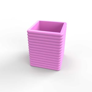 May include: A pink plastic container with a square shape and a ribbed design. The container is empty and has a smooth, glossy finish.