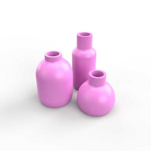 May include: Three pink ceramic vases of different sizes. The vases are smooth and have a glossy finish.