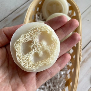 May include: A round, white soap bar with a loofah embedded in the centre. The soap is being held in a hand, and there are other soap bars in a basket in the background.