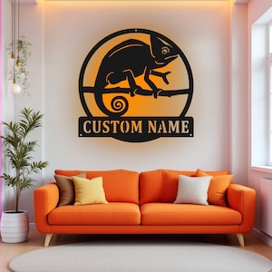 Custom Chameleon Metal Wall Art With LED Light, Personalized Chameleon Name Sign Decoration For Room, Chameleon Metal LED Decor, Chameleon