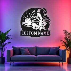 Custom Welder Metal Sign With LED Light, Personalized Welder Name Sign Decoration For Room, Tree Welder Metal LED Decor, Welder Name Sign