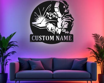 Custom Welder Metal Sign With LED Light, Personalized Welder Name Sign Decoration For Room, Tree Welder Metal LED Decor, Welder Name Sign