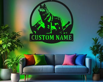 Custom Wolf Howling Metal Sign With LED Light, Personalized Wolf Name Sign Decoration For Room, Wolf Metal LED Decor, Custom Wolf Name Sign