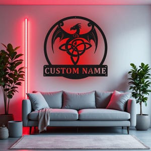 Custom Celtic Dragon Metal Wall Art With LED Light, Personalized Celtic Dragon Name Sign Decoration For Room, Celtic Dragon Home Decor