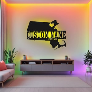 Arte de pared de metal con mapa de Massachusetts personalizado con luz LED, letrero con el nombre del estado de Massachusetts personalizado para decoración de habitación, nacido en Massachusetts