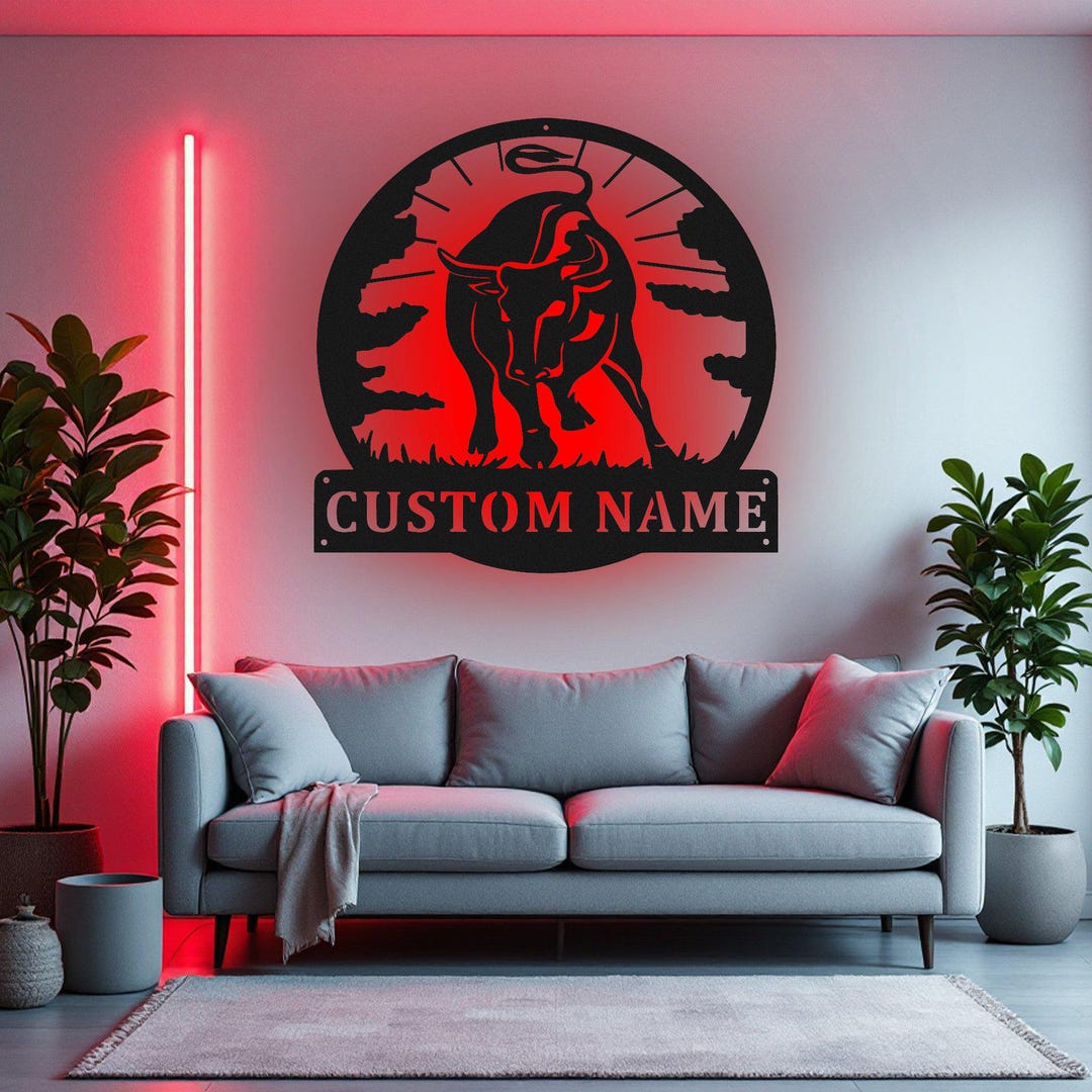 Custom Black Bull Metal Wall Art With LED Light, Personalized Black ...