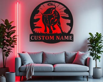 Custom Black Bull Metal Wall Art With LED Light, Personalized Black Bull Name Sign Decoration For Room, Black Bull Home Decor, Custom Bull
