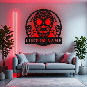 Custom Sugar Skull Metal Wall Art With LED Light, Personalized Sugar Skull Name Sign Decoration For Room, Sugar Skull Metal Home Decor