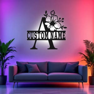 Arte de pared de metal con letras florales personalizadas y luz LED, letrero con nombre de familia y letras del alfabeto personalizado para decoración de habitación, decoración LED de metal con apellido