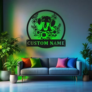 Custom Floral Dachshund Metal Wall Art With LED Light, Personalized Dachshund Name Sign Decoration For Pet Room, Dachshund Metal LED Decor