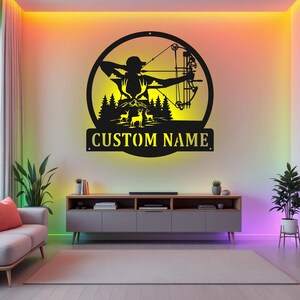 Custom Bow Hunter Metal Sign With LED Light, Personalized Bow Hunter Name Sign Decoration For Room, Bow Hunter Metal LED Decor, Bow Hunter