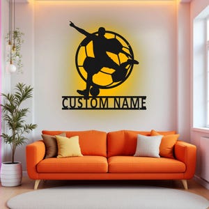 Custom Soccer Metal Wall Art With LED Light, Personalized Soccer Player Name Sign Decoration For Room, Male Soccer Player Metal LED Decor