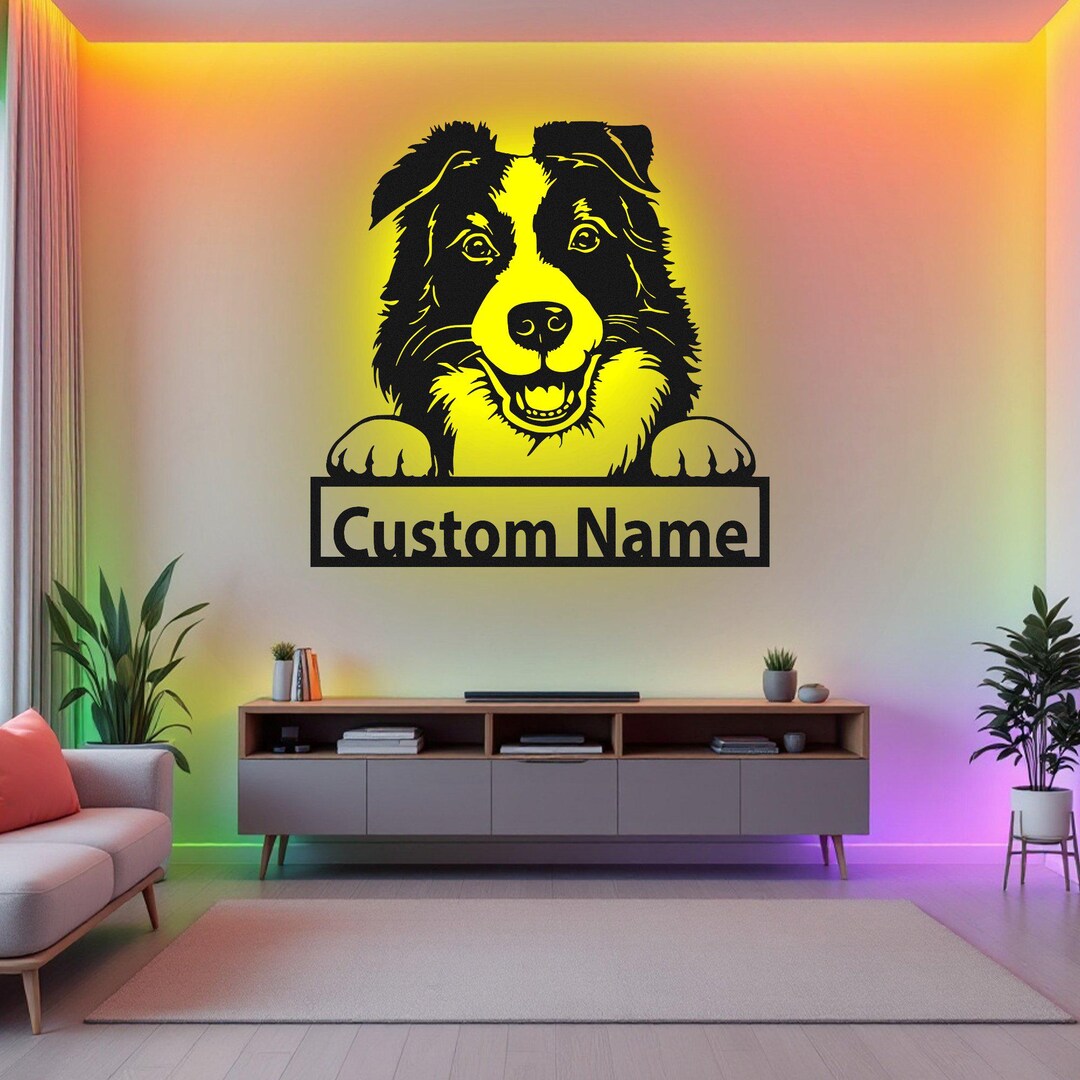 Custom Border Collie Metal Wall Art With LED Light Personalized Border Custom Border Collie Metal Wall Art With LED Light Personalized Border