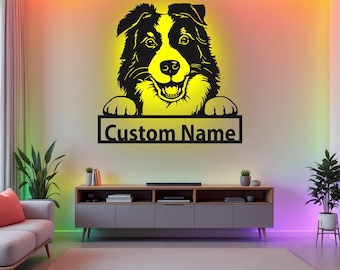 Arte de pared de metal personalizado con luz LED para Border Collie, letrero con nombre personalizado para la habitación del perro, decoración para perros Border Collie
