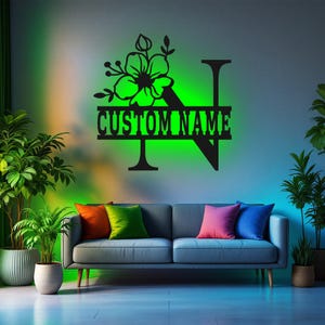 Custom Floral Alphabet N Metal Wall Art With Led Light, Personalized Alphabet Family Name Sign Decoration For Room,Last Name Metal LED Decor