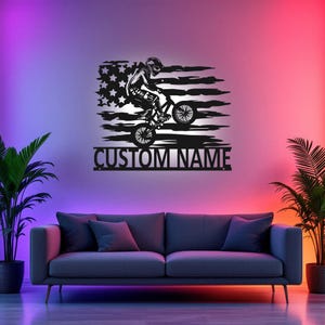 Custom US Bicycle Racing Metal Wall Art With LED Light, Personalized Bicycle Racer Name Sign Decoration For Room, Bicycle Metal LED Decor