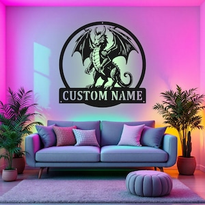 Custom Magic Dragon Metal Sign With LED Light, Personalized Dragon Name Sign Decoration For Room, Dragon Metal LED Decor, Custom Dragon Name