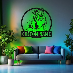 Custom Bulldog Metal Wall Art With LED Light, Personalized Bulldog Dog Name Sign Decoration For Room, Bulldog Metal LED Decor,Custom Bulldog