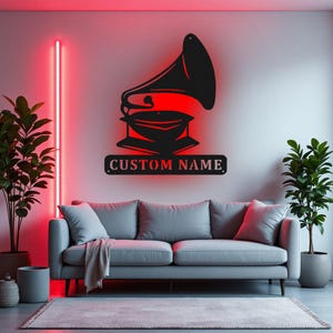 Custom Phonograph Record Metal Wall Art With LED Light, Personalized Record Player Name Sign Decoration For Room, Gramophone Metal LED Decor