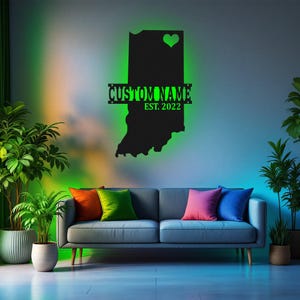 Arte de pared de metal con mapa de Indiana personalizado con luz LED, letrero con el nombre del estado de Indiana personalizado para decoración de habitación, decoración LED de metal con el nombre de Born In Indiana