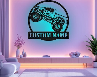 Custom Monster Truck Metal Wall Art With LED Light, Personalized Monster Trucker Name Sign Decoration For Room,Monster Truck Metal LED Decor