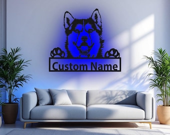 Arte de parede de metal personalizada com luz LED para Husky Siberiano, decoração personalizada com placa de identificação para quarto de cachorro, decoração LED para Husky Siberiano