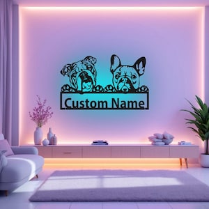 Custom French Bulldog And English Bulldog Metal Wall Art With LED Light, Personalized Two Dog Name Sign Decoration For Room, Dog Metal Decor