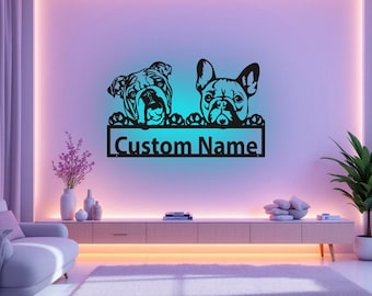 LEDライト付きカスタムフレンチブルドッグとイングリッシュブルドッグのメタルウォールアート、パーソナライズされた2匹の犬の名前のサインデコレーション、犬用メタルデコレーション