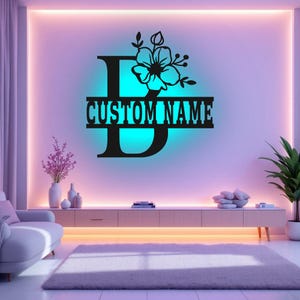 Custom Floral Alphabet B Metal Wall Art With Led Light, Personalized Alphabet Family Name Sign Decoration For Room,Last Name Metal LED Decor