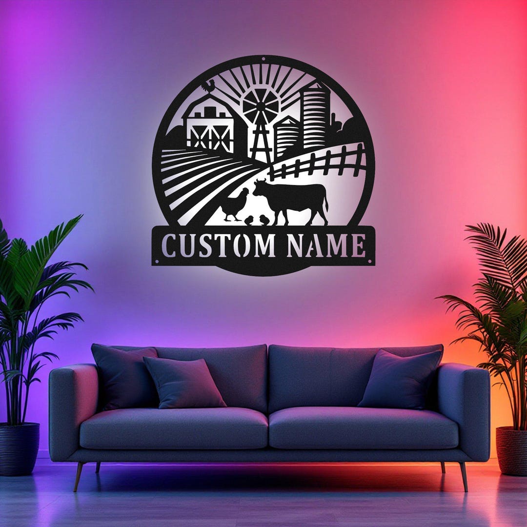 Custom Farmhouse Metal Wall Art With LED Light, Personalized Farm Name ...