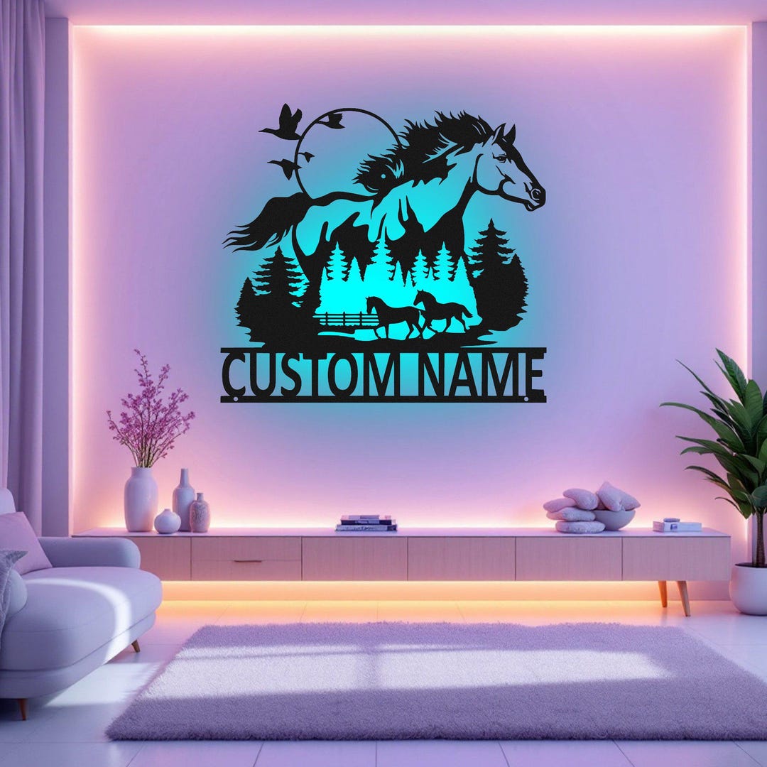 Custom Running Horse Metal Wall Art With LED Light, Personalized Horse ...