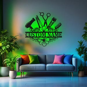 Décoration murale en métal personnalisée pour coiffeur avec lumière LED, décoration personnalisée de nom de coiffeur pour chambre, décoration d&#39;intérieur en métal pour coiffeur