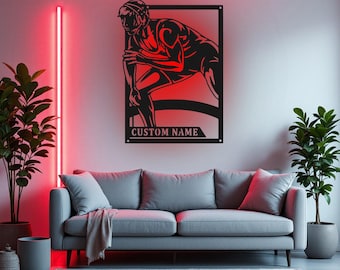 Letrero de luchador masculino personalizado, arte de pared de metal con luz LED, letrero con nombre de luchador personalizado, decoración LED de metal de luchador masculino