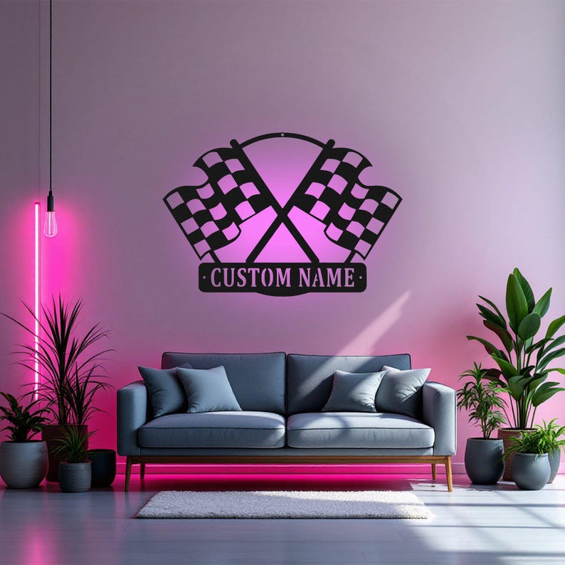 Custom Checkered Racing Flag Metal Wall Art With LED Light ...