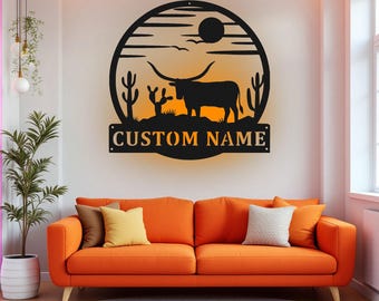 Custom Longhorn Metal Wall Art With LED Light, Personalized Longhorn Name Sign Decoration For Room, Longhorn Metal LED Decor,Custom Longhorn
