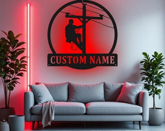Custom Lineman Metal Sign With LED Light, Personalized Lineman Name Sign Decoration For Room, Lineman Metal LED Decor, Lineman Name Sign