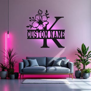 Custom Floral Alphabet K Metal Wall Art With Led Light, Personalized Alphabet Family Name Sign Decoration For Room,Last Name Metal LED Decor