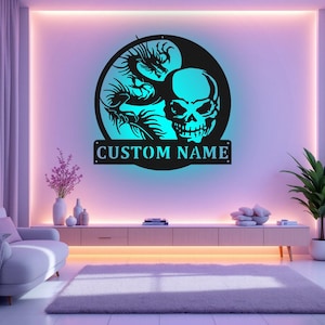 Custom Skull And Dragon Metal Wall Art With LED Light, Personalized Skull And Dragon Name Sign Decoration For Room, Skull Dragon Home Decor