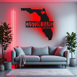 Aangepaste metalen muurkunst Florida kaart met ledlicht, gepersonaliseerde decoratie Florida staat naambord voor kamer, Born In Florida metalen led-decor